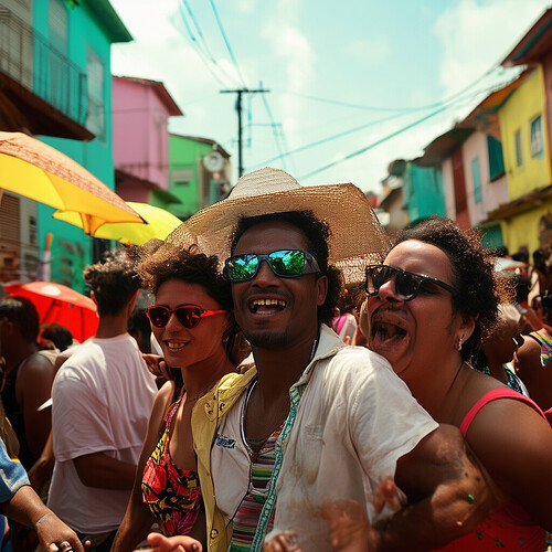 A lively Brazilian favela street celebration for baile funk overflowing with favela residents young and old wearing trendy Oakley shades and sun umbrellas, seeking protection from the harsh overhead sun as they let loose dancing with joyful abandon to the pulsating beats amongst humble pastel colored homes