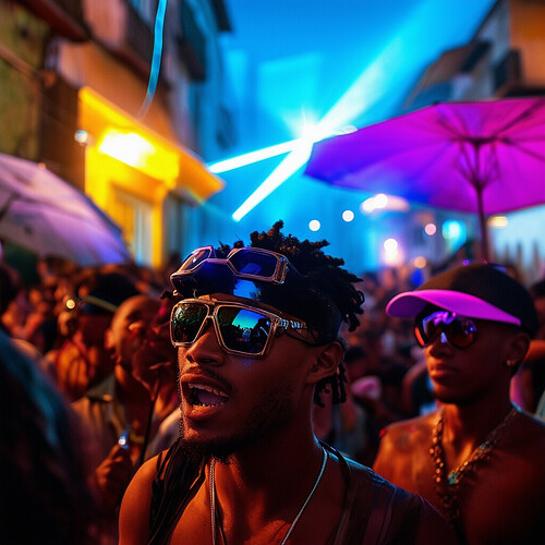 Scene from a bustling baile funk block party where crowds of hyped up Brazilian youth rep stylish Oakley gear like oversized angular visors and compact UV-protected parasols as they get down amongst ancient fading façades of self-made architecture, laser lights flashing wildly