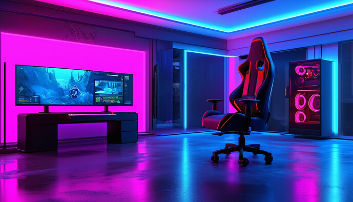 3D render of a spacious gaming room interior, luxury gaming chair, high-end gaming pc, ultrawide monitors, neon accents