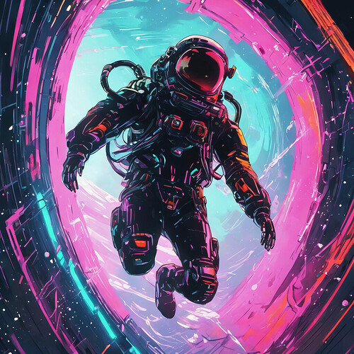 a person in a high-tech exosuit plummeting into the unknown depths of a black hole, cyberpunk aesthetic with neon highlights