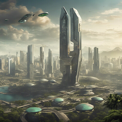 a thought-provoking glimpse into Brazil's potential landscape in the 26th century, characterized by looming high-rises, aerial transportation, and pervasive poverty-stricken settlements, rendered in a futuristic style