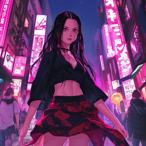 A true-to-life illustration of Nezuko, the cherished protagonist from Demon Slayer, navigating the lively thoroughfares of 21st-century Japan, attired in an onyx, midriff-flaunting shirt and an energetic skirt, the composition pulsating with deep, fashionable shades