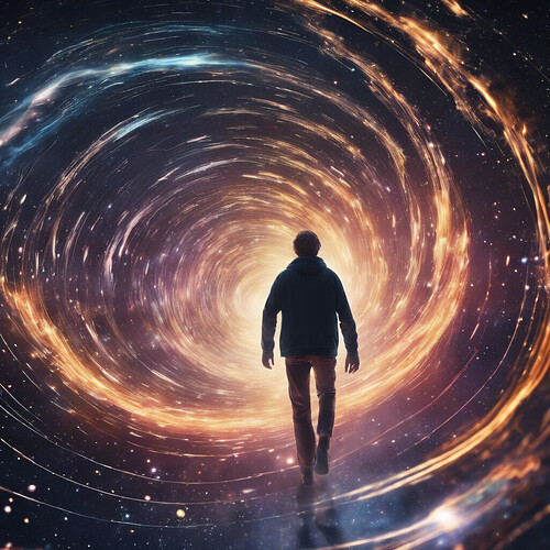 a person traveling through a wormhole, surrounded by swirling galaxies, blazing starlight, and streaks of cosmic firelines