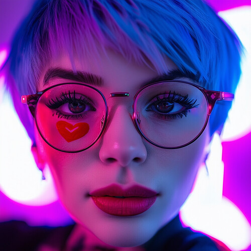 Casual selfie snapshot of a youthful lady with a razored blue and lavender pixie cut, peering inquisitively over cat-eye glasses while photographing herself in an RGB-lit ROG gaming phone. A vibrant cherry-red sacred heart ink graces her flawless visage below the left eye, above pursed rosebud lips capturing her image.