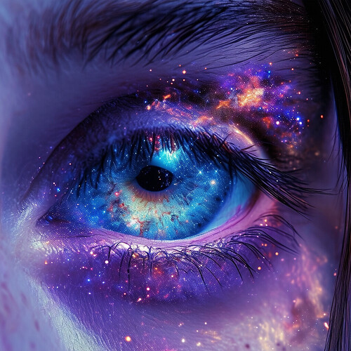 an enchanting depiction of a person whose eyes showcase the breathtaking beauty of the cosmos within their sclera