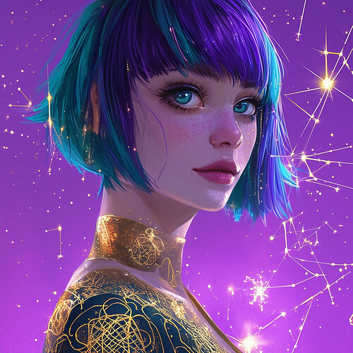 Au courant illustration presenting an alternative gamer, eyes encircled strikingly, asymmetric skirt with abstract gold filigree print, highlights of teal and violet in her shorter cut hairstyle as sparkling constellations from her VR gameplay dance across her delighted features