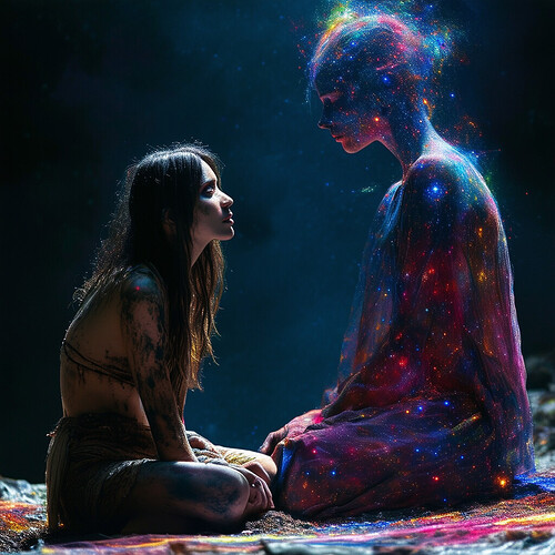 a poignant scene of a woman in the darkness, seated on the ground with smudged makeup, gazing at a figure adorned in the colors of the cosmos, as they forge a profound connection