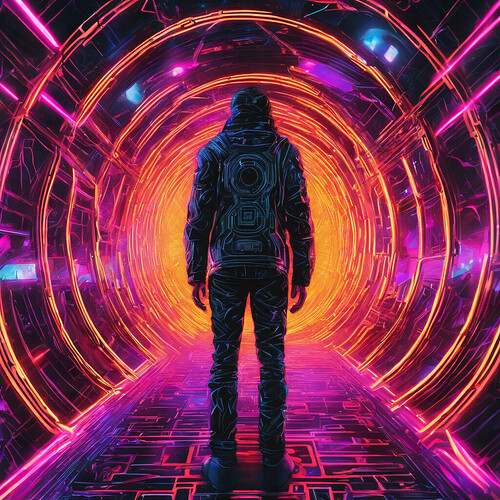 trippy neon cyberpunk rendition of a human entering a black hole's event horizon and emerging unscathed on the other side