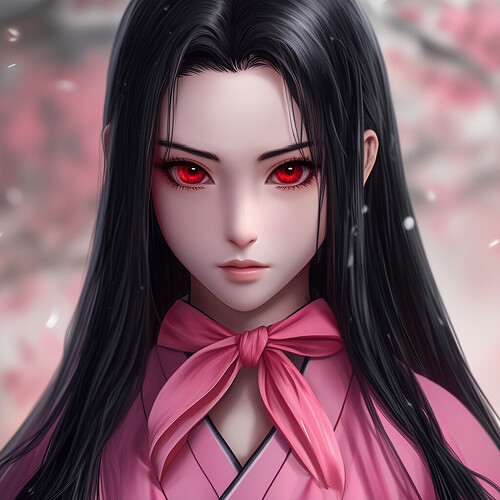 A photorealistic portrait of Nezuko from Demon Slayer anime, showing her with long black hair, pink ribbon, gentle expression and crimson eyes, human-like skin texture with realistic lighting and details