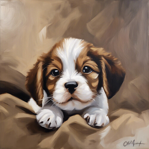 oil painting of a cute brown and white puppy with floppy ears