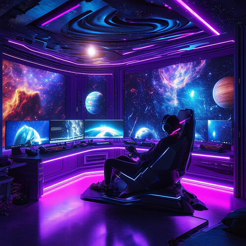 A futuristic galactic themed gamer room rendered in 3D, starry walls and ceilings with swirling nebulas, glowing planets hovering above advanced gaming setup and gear with multiple monitors and holographic controls, galactic projections surrounding the gamer lounging in a floating anti-gravity chair