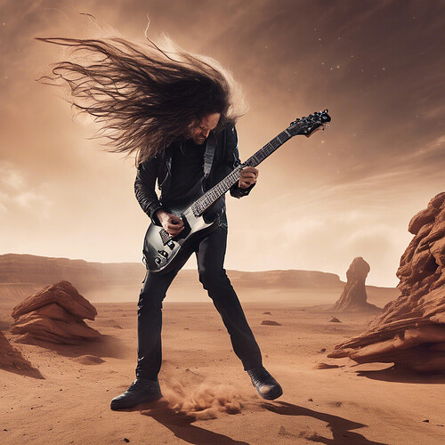 an epic scene of a headbanging guitarist with flowing locks performing a solo against the Martian landscape