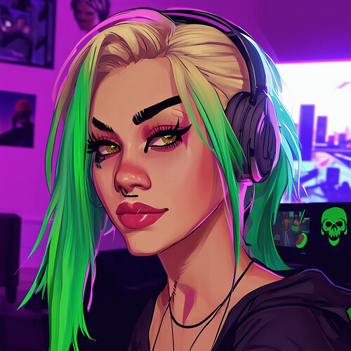 a lively portrait of Duda Games in her gamer room, sporting blonde and green hair, with winged eyeliner, as she plays GTA RP and streams live on Twitch