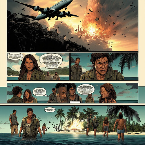 A sequential art summary of the acclaimed show Lost, including - the jetliner getting ripped into pieces in the sky, the lead characters finding each other on the tropical island setting, the mysterious numeric hatch, confrontations with the sentient black Smoke, intra-group tensions, and ultimately their getaway from the island