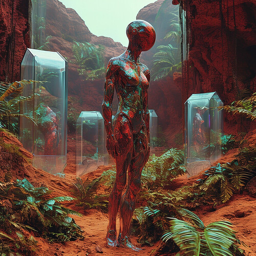 Stills capturing existence on Mars made viable by homo novus progeny who reshape themselves via kaleidoscopic flesh engraving and metabolic gene expression for managing hypoxia and radiation while developing a progressive culture housed in transparent, polygonal enclosures lined with lush chthonian foliage