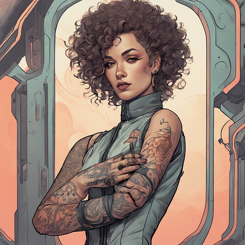 a curly-haired female figure with a sleeve tattoo on her arm, dressed in a retrofuturistic outfit