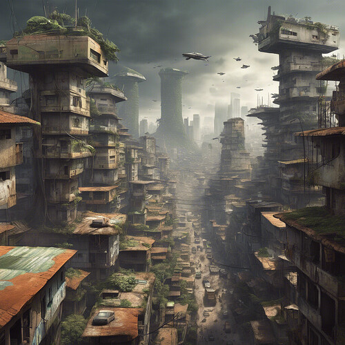 a dystopian vision of Brazil's future in 2500 AD, where monolithic buildings overshadow sparse housing, vehicles soar through the skies, and slums expand across the horizon