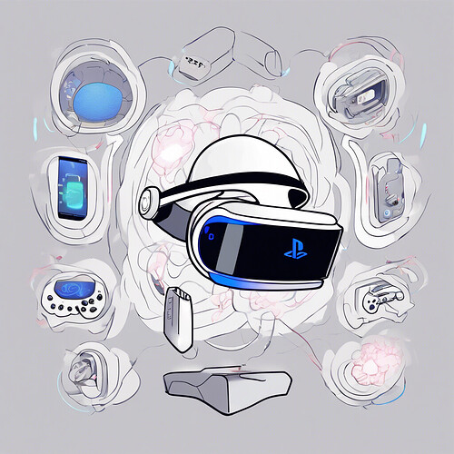 a playful cartoon concept drawing of the mind-controlled PlayStation 6, linked straight to the user's cerebrum, with sleek, cutting-edge design elements from the distant future