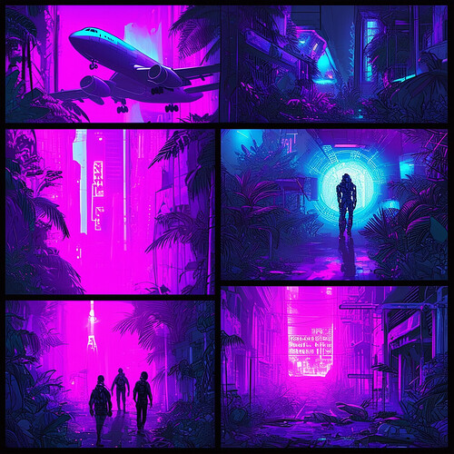 Key scenes from Lost encapsulated in neon-bathed comic panels - the aircraft plummeting into a synthetic jungle, scavenging an abandoned sci-fi complex, facing off a shapeshifting mecha-beast, characters with bionic implants, recalling their dark techno-slum past, culminating in activates a portal device as means of escape