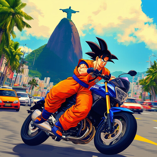 Goku from Dragon Ball Z riding the Yamaha XJ6 motorcycle through the colorful streets of Rio de Janeiro, wearing his orange gi, focused expression on his face as he expertly maneuvers through traffic with Corcovado mountain and Christ the Redeemer statue in the background