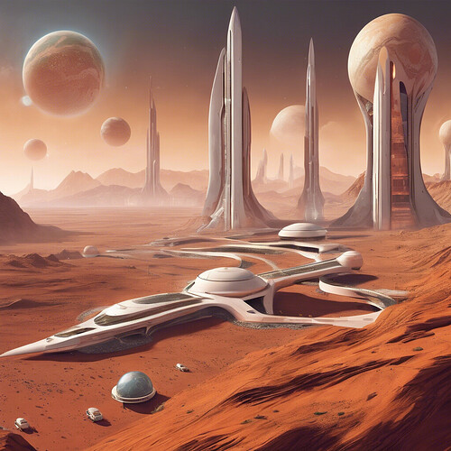 a thought-provoking illustration of humanity's potential future on Mars, featuring cutting-edge architecture, terraformed landscapes, and a bustling extraterrestrial society