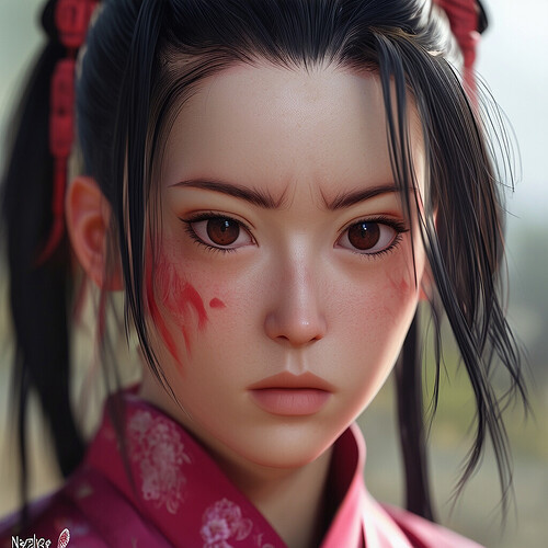 A photorealistic depiction of Nezuko from Demon Slayer as a human in the real world, her signature hairstyle and facial features rendered with lifelike detail