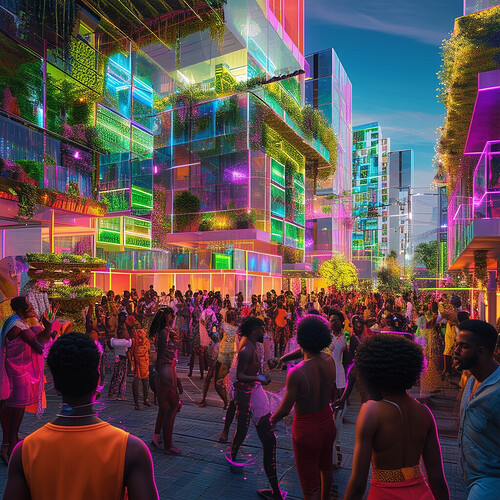 Kinetic depictions of a bustling Afro-Brazilian block party taking place in 2077 amidst dense, vibrantly decorated favorable architecture now integrated with sweeping transparent solar panels and public hydroponic gardens, dancers' augmented reality lenses coordinating with neighbors' façade LED strips throbbing with eletro-samba beats