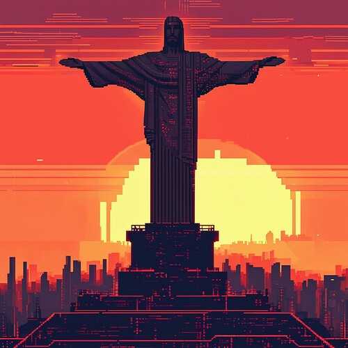 a retro, pixelated depiction of the iconic Cristo Redentor, transposed into a dystopian, tech-noir cyberpunk universe