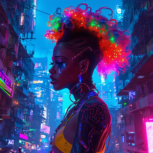 A vibrant favela baile funk fest, envisioned in a cyberpunk future Brazil 2077 - dancers with colorful LED hairstyles, bionic implants and holographic tattoos, surrounded by towering high-tech skyscrapers amid neon-lit streets and vertical slum housing with sleek hovering vehicles racing by