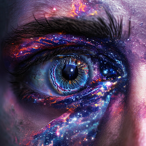 a captivating portrait of an individual with sclera that resemble the mesmerizing patterns and colors of the galaxy