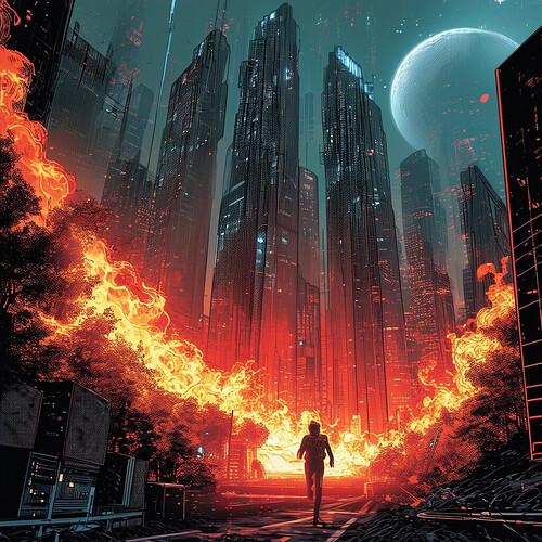 A futuristic comic rendition of Lost backdrops and events - the fiery crash-landing amidst towering skyscrapers masking a wireless mainframe forest, uncovering A.I. labs in a buggy virtual matrix, running from a viral cloud-based entity, cyber-manipulating social dynamics, and breaking free by exploiting system vulnerabilities