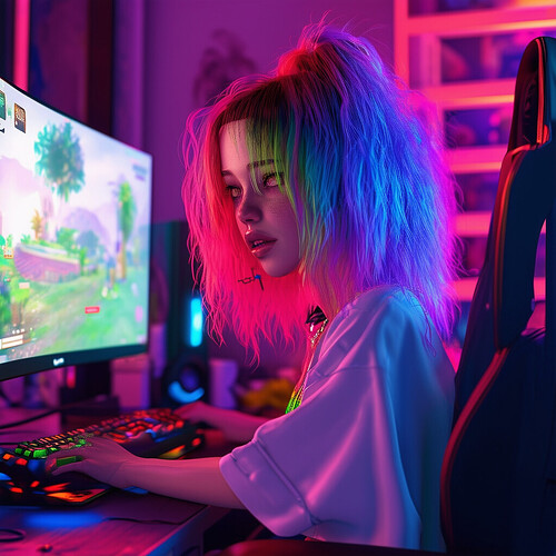 a spirited representation of a kaleidoscopic-haired girl gamer amidst her unkempt sanctuary, irises a gleaming alabaster, fully immersed in streaming GTA V from her high-performance gaming station, enhanced by strategically placed vivid color bursts throughout the visual