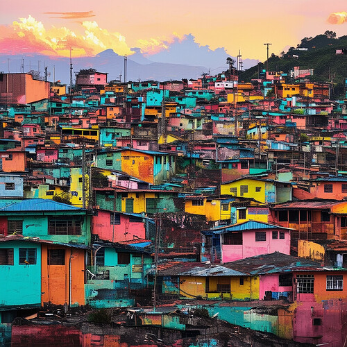 a forward-looking representation of the favelas of Brazil, characterized by state-of-the-art infrastructure, contemporary comforts, and vivid hues interspersed with radiant points of light