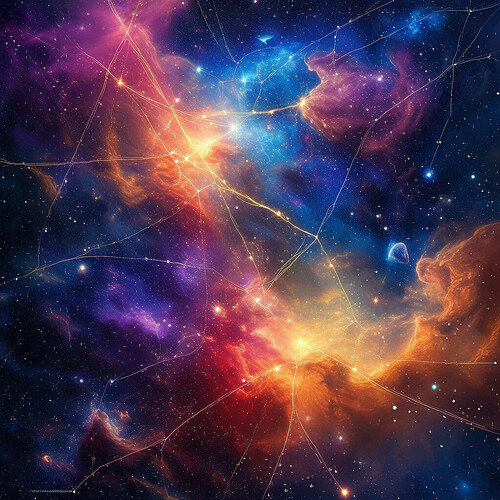 An expansive starscape with colorful nebula clouds and galaxies, shining strands linking the stars like a cosmic web, representing connections of destiny and love between souls of the living and the deceased