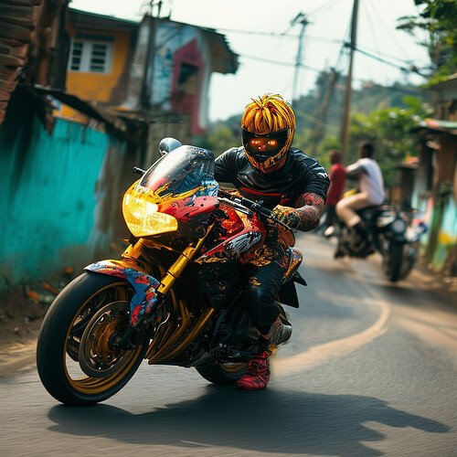 Cinematic shot of everyone's favorite Super Saiyan ripped like a DBZ action figure, trippy fairing art reflecting wild style motos of Brazillian riders as he burns up backroads threading sprawling favelas on the Yamaha XJ6, humble Cariocas cheering roadside