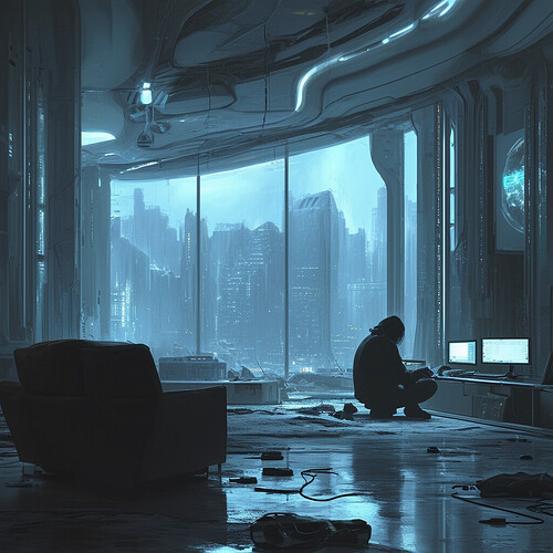 A wistful depiction of a gaming aficionado hunched over in a barren yet visionary living space, a palpable aura of gloom hanging over them as they lament the absence of their beloved gear from the otherwise state-of-the-art, high-tech surroundings