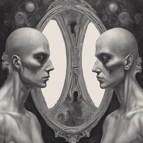 an unsettling depiction of a being gazing upon their mirror image from a disparate existence, eyes eerily devoid of color, against a foreboding, esoteric backdrop