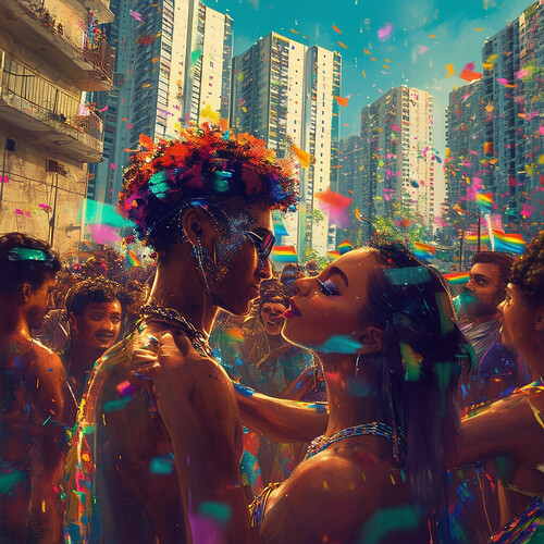 A 2077 Brazilian favella celebrating in an inclusive Carnaval-esque baile funk, the beat pulsating as gay couples with bionic aesthetic enhancements dance closely while face recognition drones project animated pride flags onto the battered façades of makeshift sheet-metal housing pressed against seamless eco-friendly luxury high rises