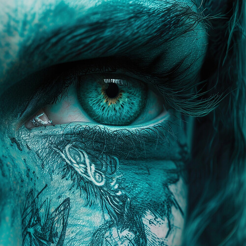 an eye-catching depiction of an extensively inked person whose sclera are a rich teal hue