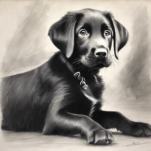 graphite sketch of a friendly black labrador puppy playing