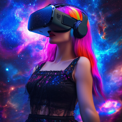 A contemporary scene of a stylish female gamer with vibrant multi-colored hair and dramatic eye makeup wearing a black skirt, live streaming her VR gameplay session that projects galactic visuals and nebulae reflecting onto her enthralled face