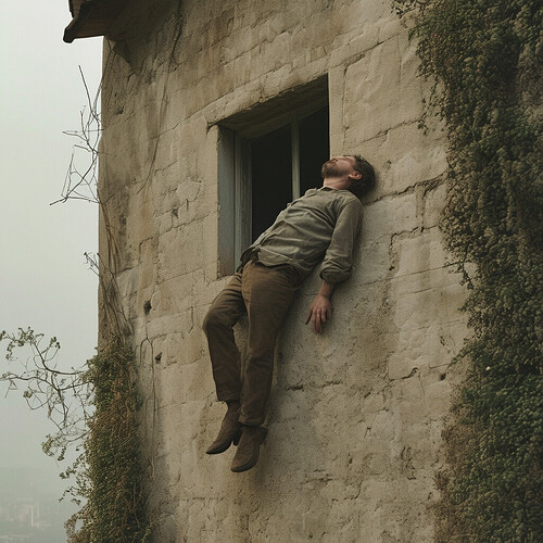 A peculiar scene of a man fast asleep atop the wall surrounding his house, his limbs dangling precariously as he slumbers peacefully