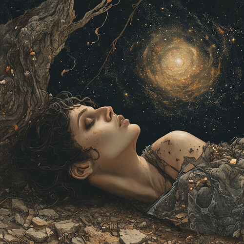 a moving illustration of a lady consumed by darkness, resting upon the earth with ruined cosmetics, entranced by an entity bearing the tones of the heavens, as their souls unite in an ethereal embrace