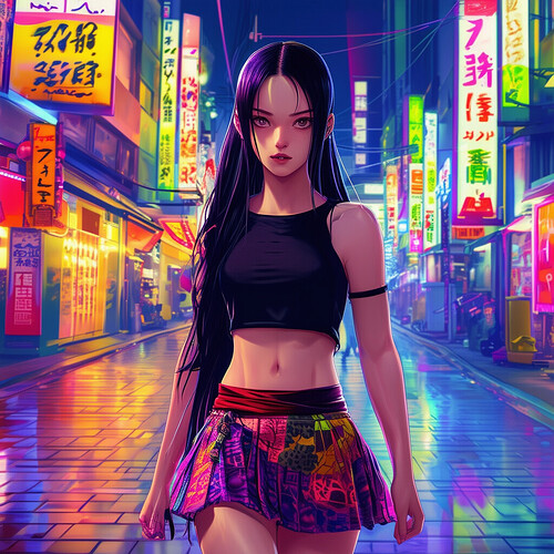 Nezuko from Demon Slayer, brought to life in a realistic style, walking the streets of modern Japan, wearing a black crop top that reveals her midriff and a vibrant skirt, the scene filled with vivid, contemporary colors