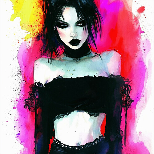 An evocative portrait of a goth girl wearing revealing sombre garments that bare her navel, eyes rimmed in intense kohl liner, set against a gloomy backdrop punctuated by pops of neon illumination