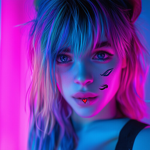 A cropped portrait of a girl with split-colored hair in piecey layers held back by a hairband, as she gazes into her flashy RGB ROG phone's camera to take a selfie. A tiny crimson heart tattoo adorns her left cheekbone below wispy bangs.