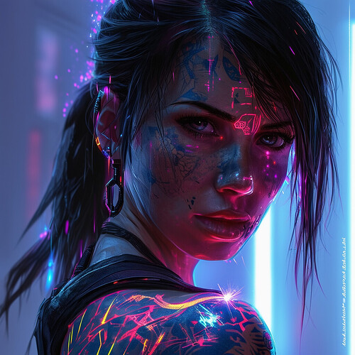 a badass, inked-up Lara Croft straight out of a cyberpunk universe, her body adorned with glowing, holographic tattoos