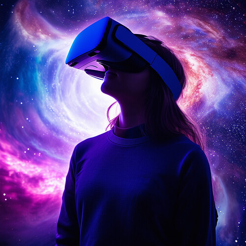 A streamer, bathed in ethereal light, completely absorbed in a virtual reality space adventure set against backdrops of swirling galaxies and interstellar phenomena, sharing their extraordinary odyssey with viewers