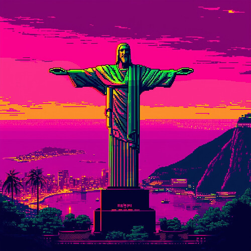 Christ the Redeemer statue rendered in an 8-bit pixel art style, reimagined within a gritty, neon-infused cyberpunk setting