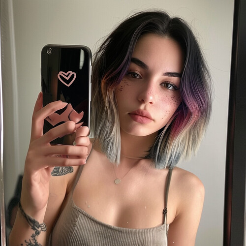 A young woman taking a mirror selfie holding her phone up, showing off her two-toned hair in a choppy bob cut with darker roots and lighter ends framing her face, a small intricate heart tattoo under her left eye standing out